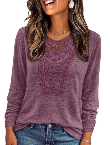 Women's Tops Tees & Blouses Fall Tunics Lace Long Sleeve Shirts Maroon 3XL (3X-Large / Maroon)