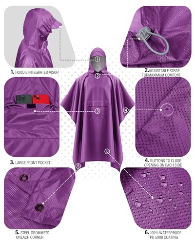 Hooded Rain Poncho Packable Waterproof Unisex Raincoat with Pocket (XX-Large / Purple)