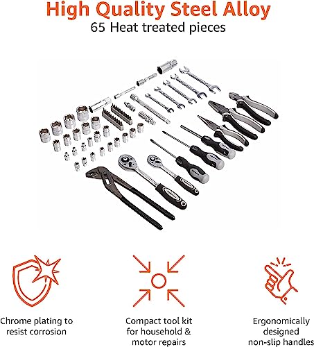 65 Piece General Household Home Repair and Mechanic's Hand Tool Kit Set with Storage Case (65 piece)