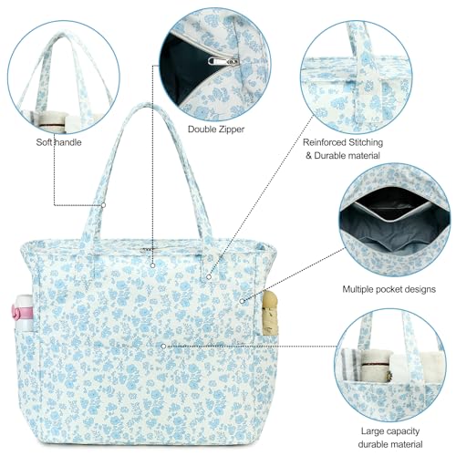 Waterproof Beach Tote Pool Bags for Women Ladies Extra Large Gym Tote Carry On Bag With Wet Compartment for Weekender Travel (Blue Floral 201)