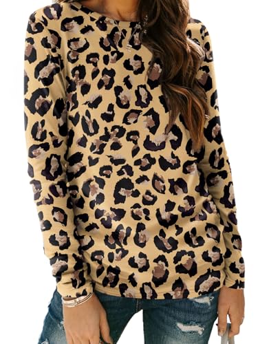 Long Sleeve Shirts for Women Casual Crewneck Tops Basic Tees (Small / Leopard2)