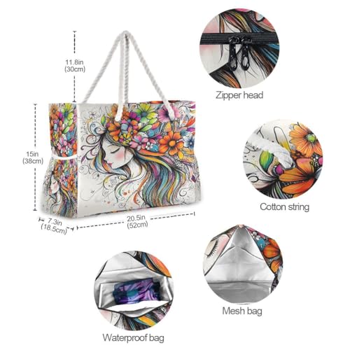 Large Beach Bags Totes Canvas Tote Shoulder Bag Soft Wave Water Resistant Bags for Gym Travel Daily Ocean (Girl With Flowers)