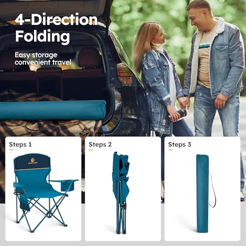 2 Pack Folding Camping Chair with Cooler Bag & Lumbar Support (Blue)