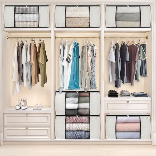 8 Pack Storage Bags for Clothes Blanket Storage Bins with Lids (8 Pack-60l / Ivory)