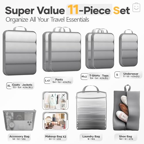 11 Set Compression Packing Cubes Garment Bags for Travel Essentials (Gray / 11 set)