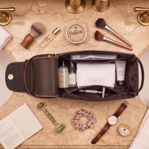 Genuine Leather Toiletry Travel Bag For Men & Women (Rustic Brown / 10"X5")