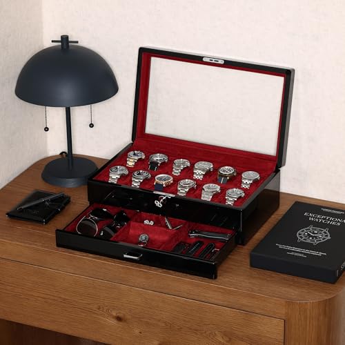 12 Slot Piano Black Watch Box with Valet Drawer (Piano Black / Red)