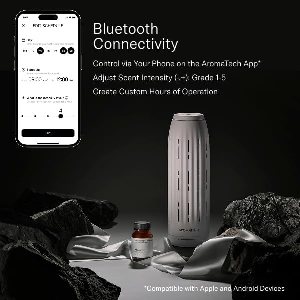 AromaTech Ambience Scent Diffuser for Essential Oil Blends & Fragrances – Waterless Scent Machine w/Bluetooth for Home, Bathroom Boutiques, Hotel, Spa – White Stone Acrylic