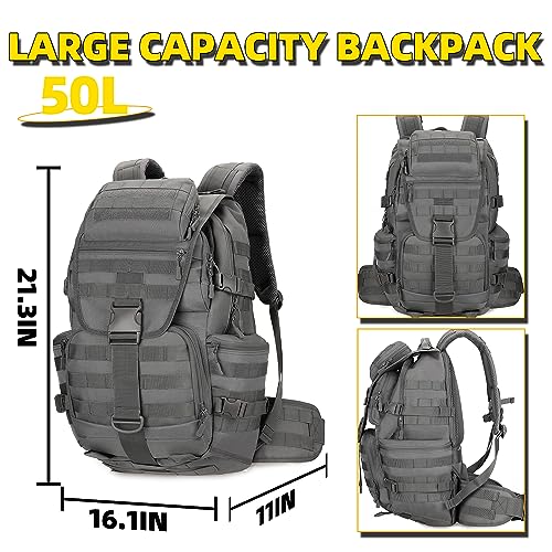 50L Military Tactical Backpack Hiking Waterproof Backpack Large Military Pack 3 Day Assault Pack Molle Bag Rucksack (Grey)