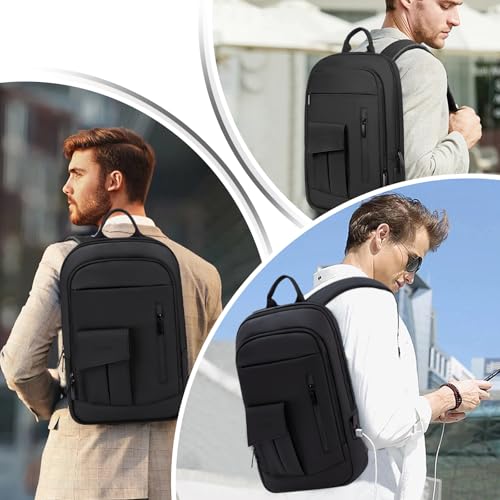 Business Backpack for Men Slim Lightweight Laptop Backpack for 17.3 Inch Computer Water Resistant Small Office Backpack for Commute Travel Daily Office Work with Small Bag (17.3" / With Pocket / Black)