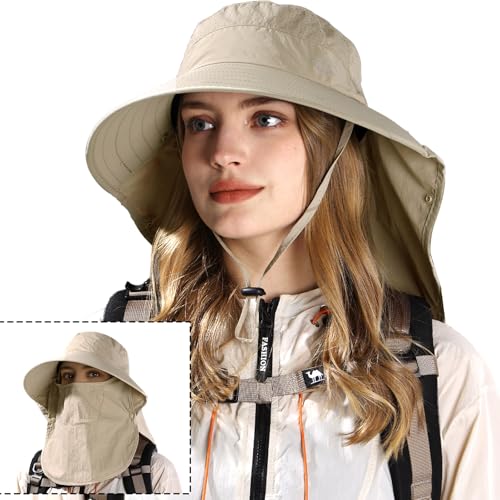 Sun Hat for Men Women with Neck Flap& Removable Face Cover Wide Brim (1pack-khaki)