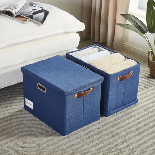 17" Large Fabric Storage Box with Lids (Navy / Large -2 Pack)