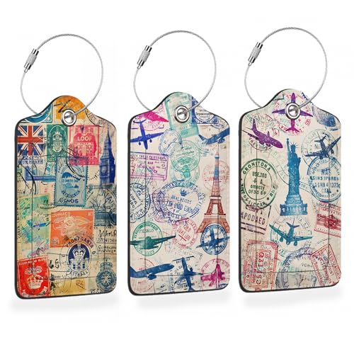 Retro Wanderlust Stamps 3 PCS PU Leather Luggage Tags for Suitcase (Retro Wanderlust Stamps)