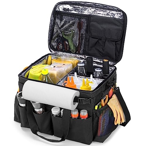 Large Grill Caddy with Lid & Paper Towel Holder & Multi Pockets (Black)