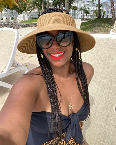 Womens Sun Hat with Ponytail Hole Wide Brim Beach Straw Visor (Medium / Beige Khaki Mix)