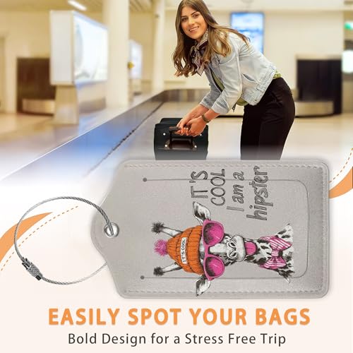 Funny Hipster Giraffe 3 Pack PU Leahter Luggage Tag with Stainless Steel Loop (Funny Hipster Giraffe)