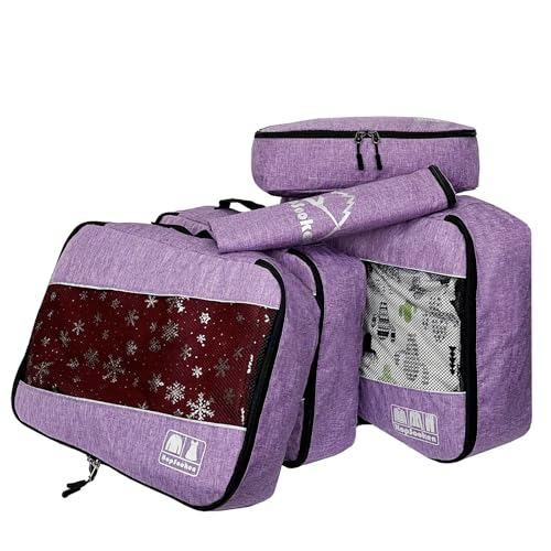 5 Set Packing Cubes for Travel Large Suitcase Luggage Organizer Bags Travel Accessories Vacation 4 Cubes 1 Laundry Pouch Bag (Snow Purple)