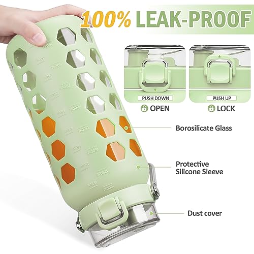 64oz Glass Water Bottle with Straw and Lid (Green / 64 Ounces)