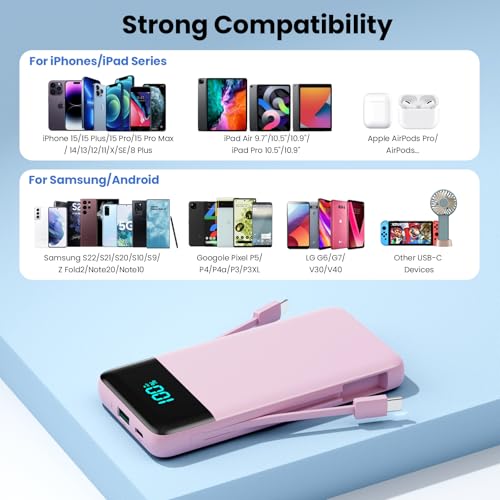 Portable Charger Power Bank for iPhone with Built (Pink)
