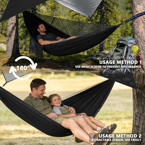 Camping Hammock with Rain Fly Tarp Mosquito Net Heavy Duty Tree Straps Portable Double Parachute Hammocks Tent Waterproof Rainfly Set (Rain Fly Size：118x78.7in / Black)
