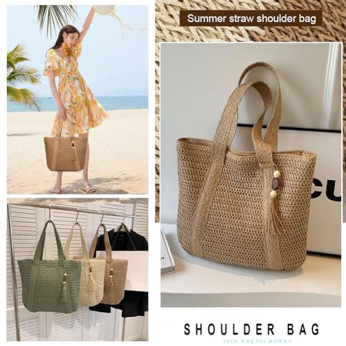 Straw Beach Bags for Women Summer Tote Bag Boho Shoulder Purse (D Khaki)