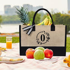 Initial Jute Canvas Tote Bag (Black & Brown / Wreath O)