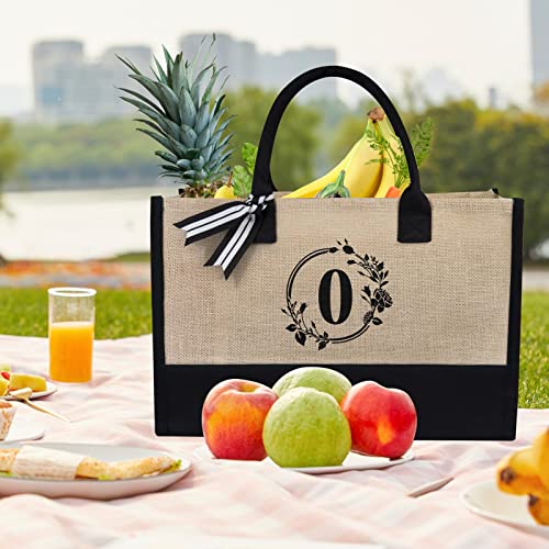 Initial Jute Canvas Tote Bag (Black & Brown / Wreath O)