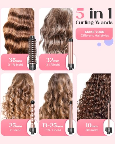 5 in 1 Curling Iron with Thermal Brush and 4 Interchangeable Ceramic Barrels (Curling Wand (1/2"-1 1/2"))