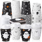 48 Sets 8 oz Halloween Disposable Coffee Cups with Lids and Sleeves (Ghost)