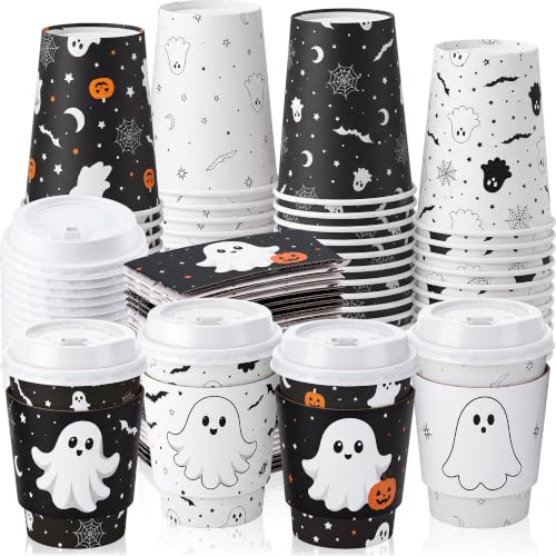 48 Sets 8 oz Halloween Disposable Coffee Cups with Lids and Sleeves (Ghost)