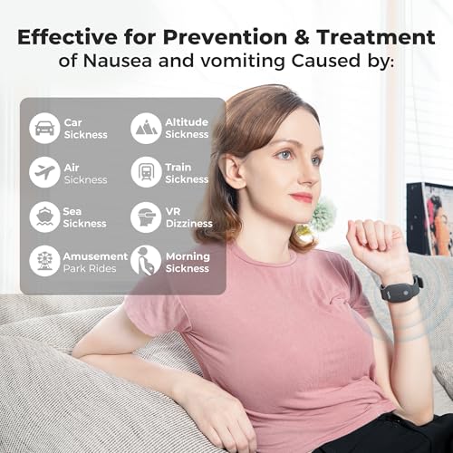 Fashion FDA Cleared Relieve Nausea Electrode Stimulator Morning Sickness Motion Travel Sickness Vomit Relief Rechargeable No Gel Drug Free Wrist Bands Without Side Effects (Charcoal Black)