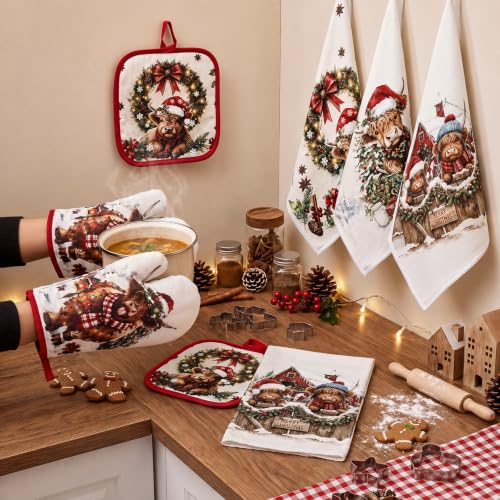 10 Pcs Christmas Highland Cow Kitchen Decor and Accessories Set Farmhouse Rustic Kitchen Towels Pot Holders Oven Mitts Rugs and Tape for Baking Cooking BBQ Housewarming Gifts (Brown / Christmas Cow)