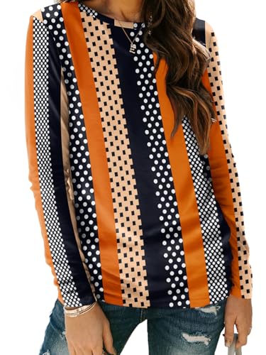 Long Sleeve Shirts for Women Casual Crewneck Tops Basic Tees (Small / Stripeddots)