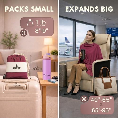 Apear 16-in-1 Compact Travel Blanket with Bag, Soft Bamboo Airplane Blanket (Burgundy/Black)