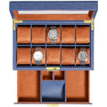 10 Slot Watch Box in Leather with Valet Drawer (Blue/Tan)