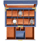 10 Slot Watch Box in Leather with Valet Drawer (Blue/Tan)
