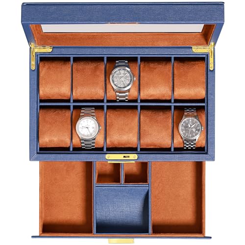 10 Slot Watch Box in Leather with Valet Drawer (Blue/Tan)