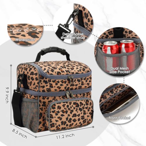 Double Layer Cooler Insulated Lunch Bag Adult Lunch Box Large Tote Bag for Men (Leopard)