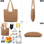 Straw Beach Bags for Women Straw Woven Beach Tote Bag Casual Boho Large Shoulder Handbags Purse for Vacation Holiday Picnic (E Khaki)