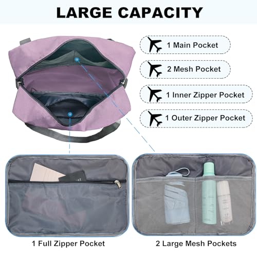 15 Inch Small Carry On Bags for Airplanes Spirit Airlines Personal Item Bag Underseat Foldable Travel Duffle Gym Bags for Women Men (Purple / 20L)