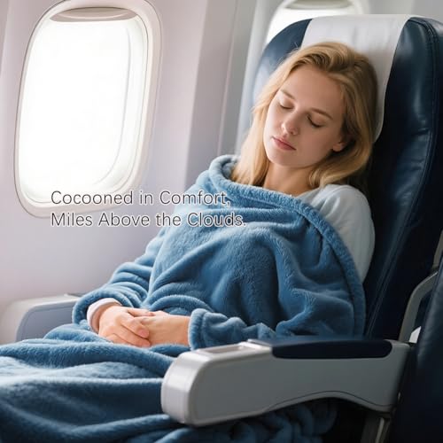 Large Soft Travel Blanket and Inflatable Pillow Set (Blue)