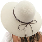 Womens Sun Straw Hat Bowknot Hat Summer Wide Brim Bucket Hats Foldable Beach Sun Hats Roll up UPF 50+ (1 Pack Bowknot Hat: Ivory White, 4.7" Brim)