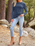 Long Sleeve Shirts for Women Casual Crewneck Tops Basic Tees (Large / 01darkblue)
