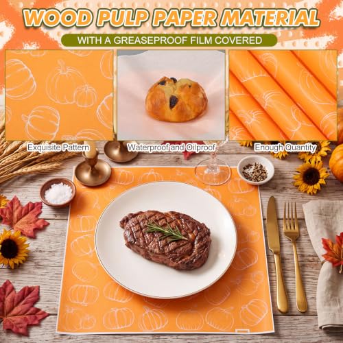 100 Pcs Fall Pumpkin Wax Paper Sheet for Food Wrapping (Orange / Pumpkin)