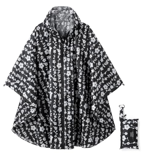 Rain Poncho Jacket Coat Hooded Zipper Style for Women (One Size / Black/White Flower)