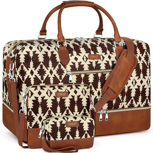 Weekender Bag for Women 21.5" Travel Duffel Large Carry On Bag 3PCS (Large / 8b-Brown)