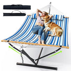 Double Hammock with Stand 500lbs Heavy Duty Outdoor Two Person Blue (Blue)