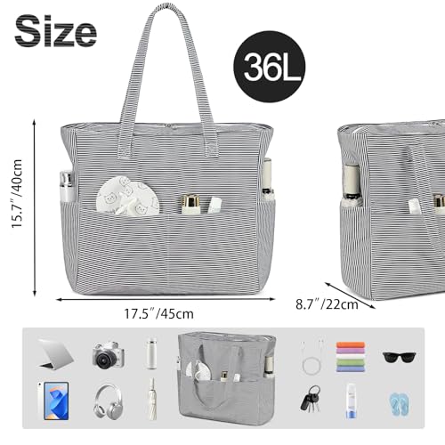 Waterproof Beach Tote Pool Bags for Women Ladies Extra Large Gym Tote Carry On Bag With Wet Compartment for Weekender Travel (Black White Fine Stripes)