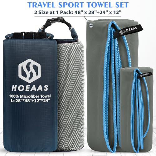 2 Pack Microfiber Camping Towels (Grey / L: 48" x 28"+24" x 12")