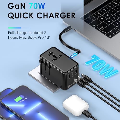 70W GaN Universal Travel Adapter with USB (70W Black-Gray)